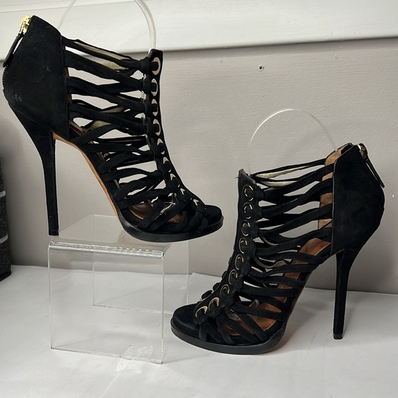 Givenchy Sz 38.5 Black Suede High Heel Peep Toe Strappy Back Zip Sandals Booties - Picture 6 of 11